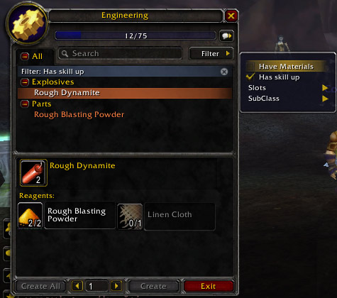 Crafting interface showing the new filters