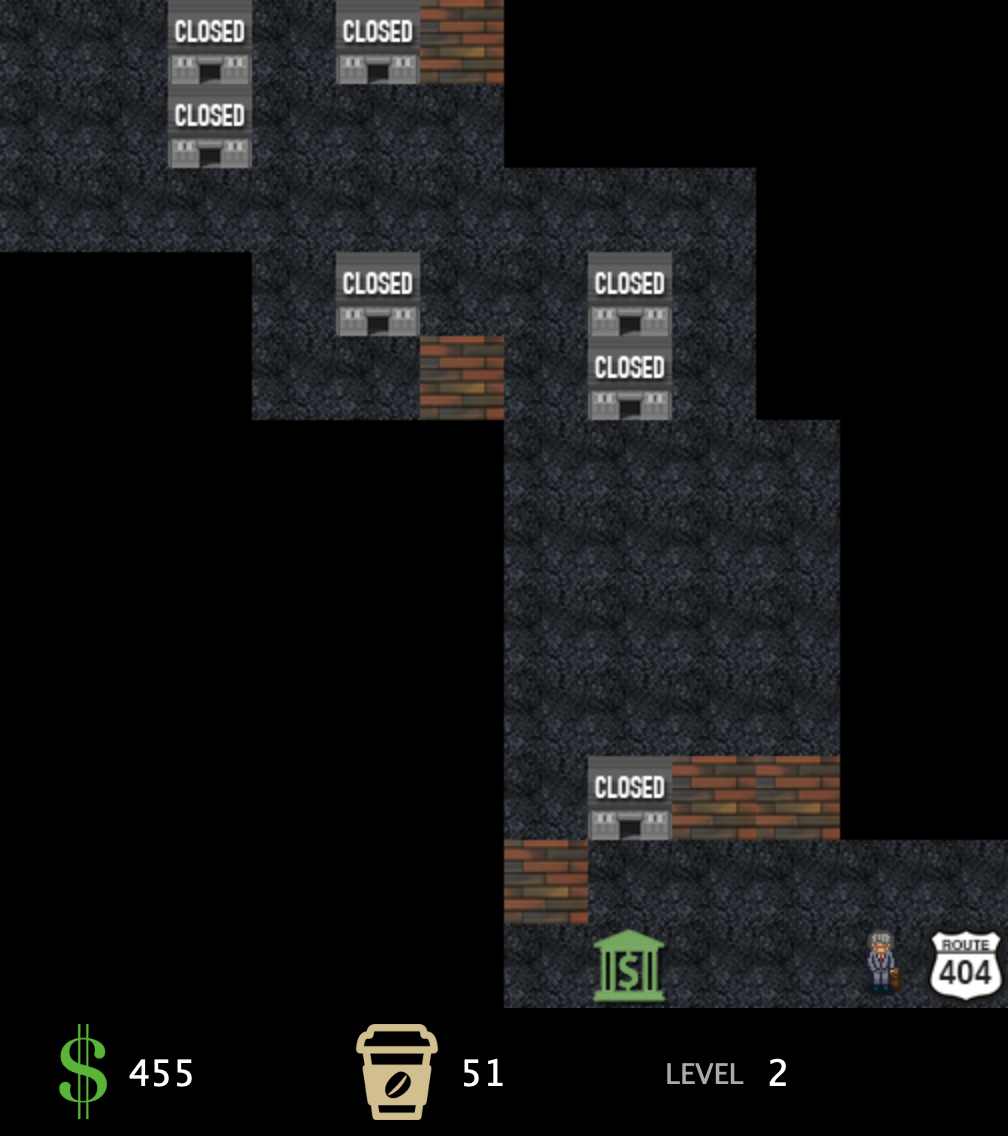 A screenshot of a game of Coffee Quest in progress. The player stands at the bottom right of a grid of floor, coffee/espresso shop, bank, deal and wall tiles. The player is about to complete the second level.